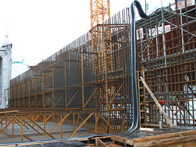 A long piece of steel-side water stop is installed to steel reinforcing bars.